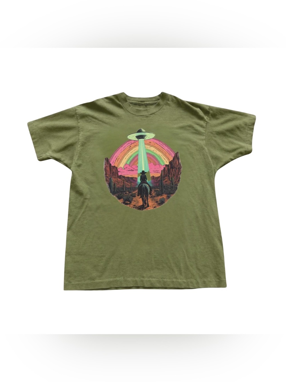 Military Green Graphic Tee with Rainbow UFO Desert Print